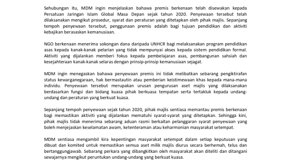 KENYATAAN MEDIA - PENJELASAN BERHUBUNG PENYEWAAN PREMIS DI KOMPLEKS TELAGA MENGKUDU